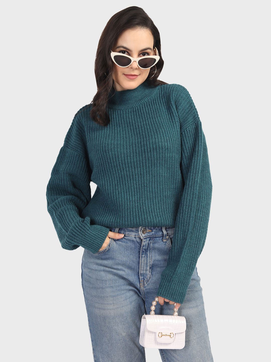 

CHKOKKO Women Cable Knit Woollen Pullover, Teal
