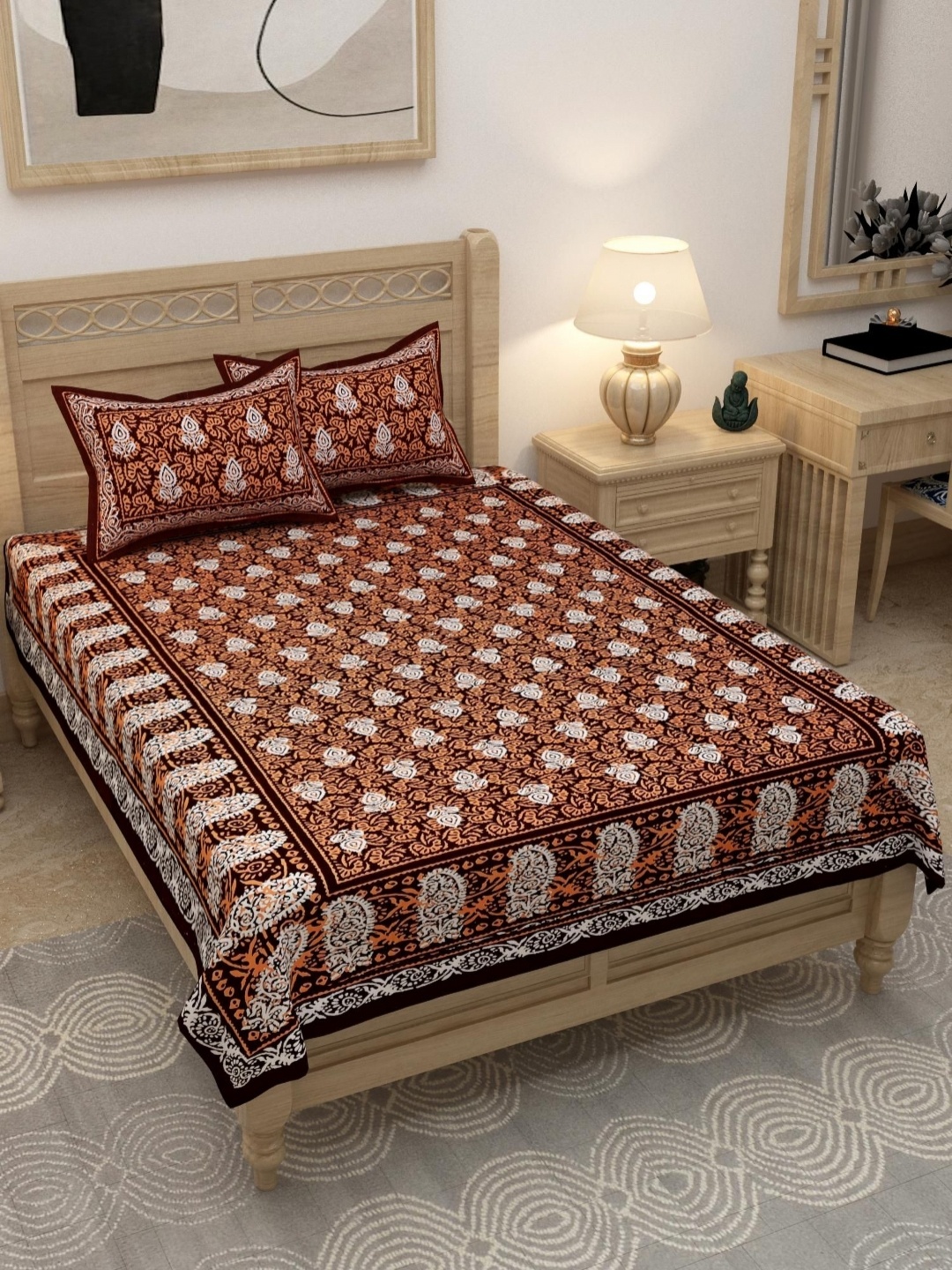 

Lali Prints Brown & White Ethnic Motifs Cotton 180 TC Single Bedsheet with 2 Pillow Covers