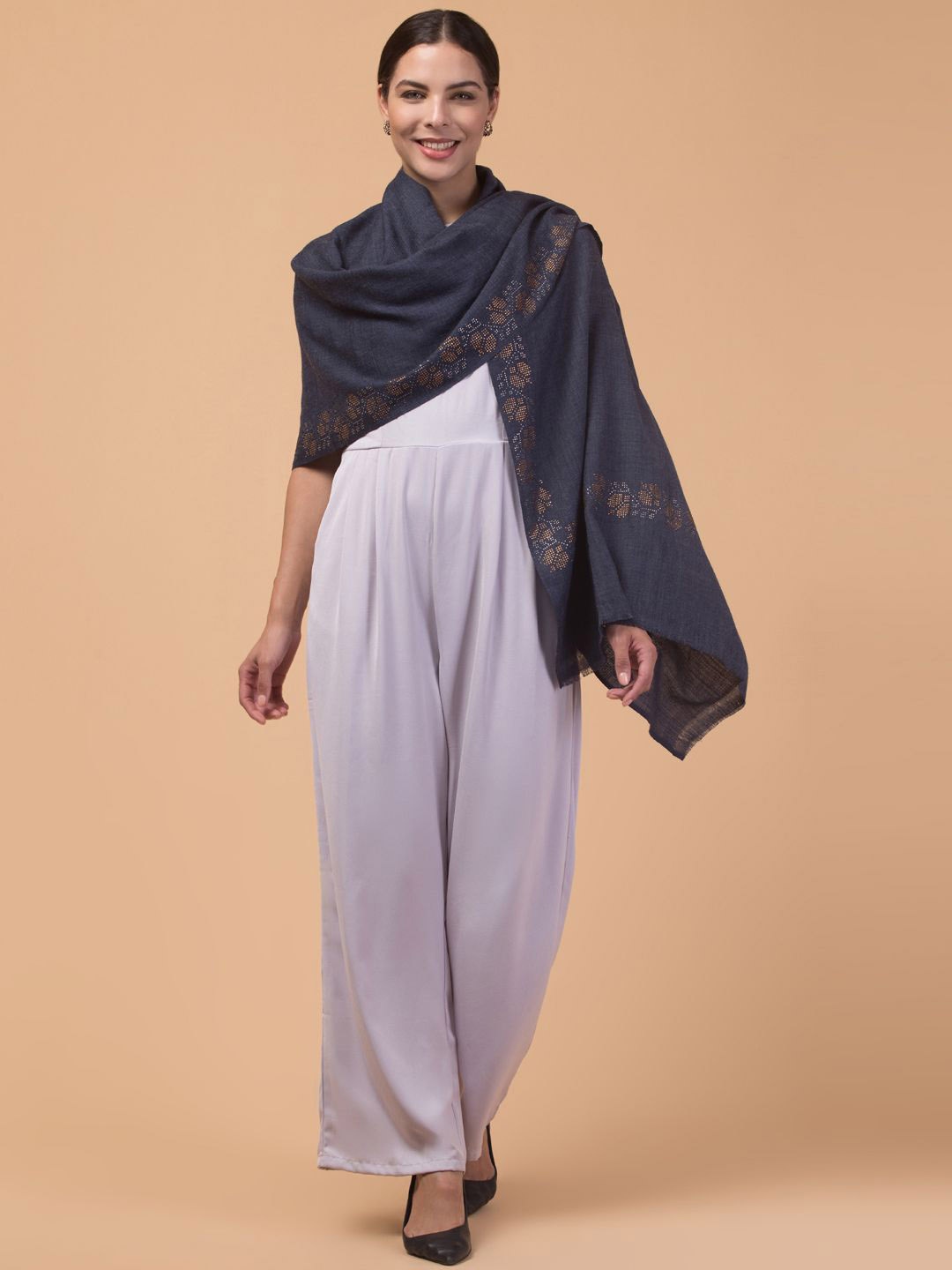 

Tweedle Embroidered Border Woollen Shawl, Navy blue