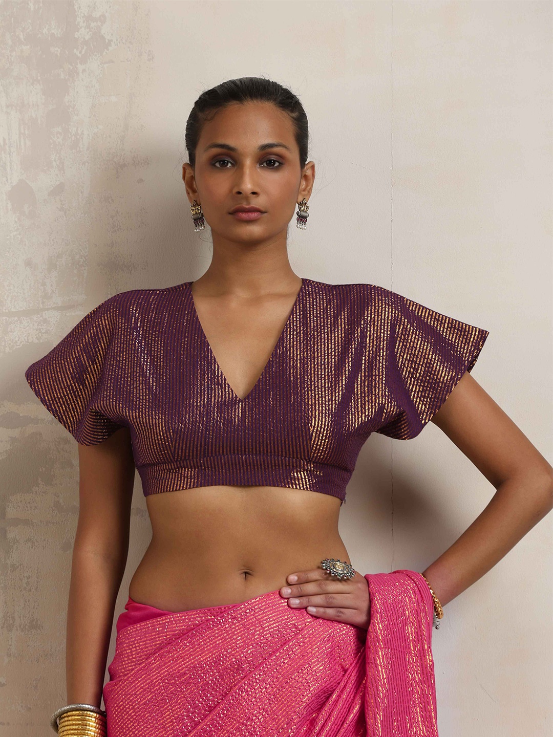 

TrueBrowns Purple Gold Metallic Cotton Striped Print Saree Blouse