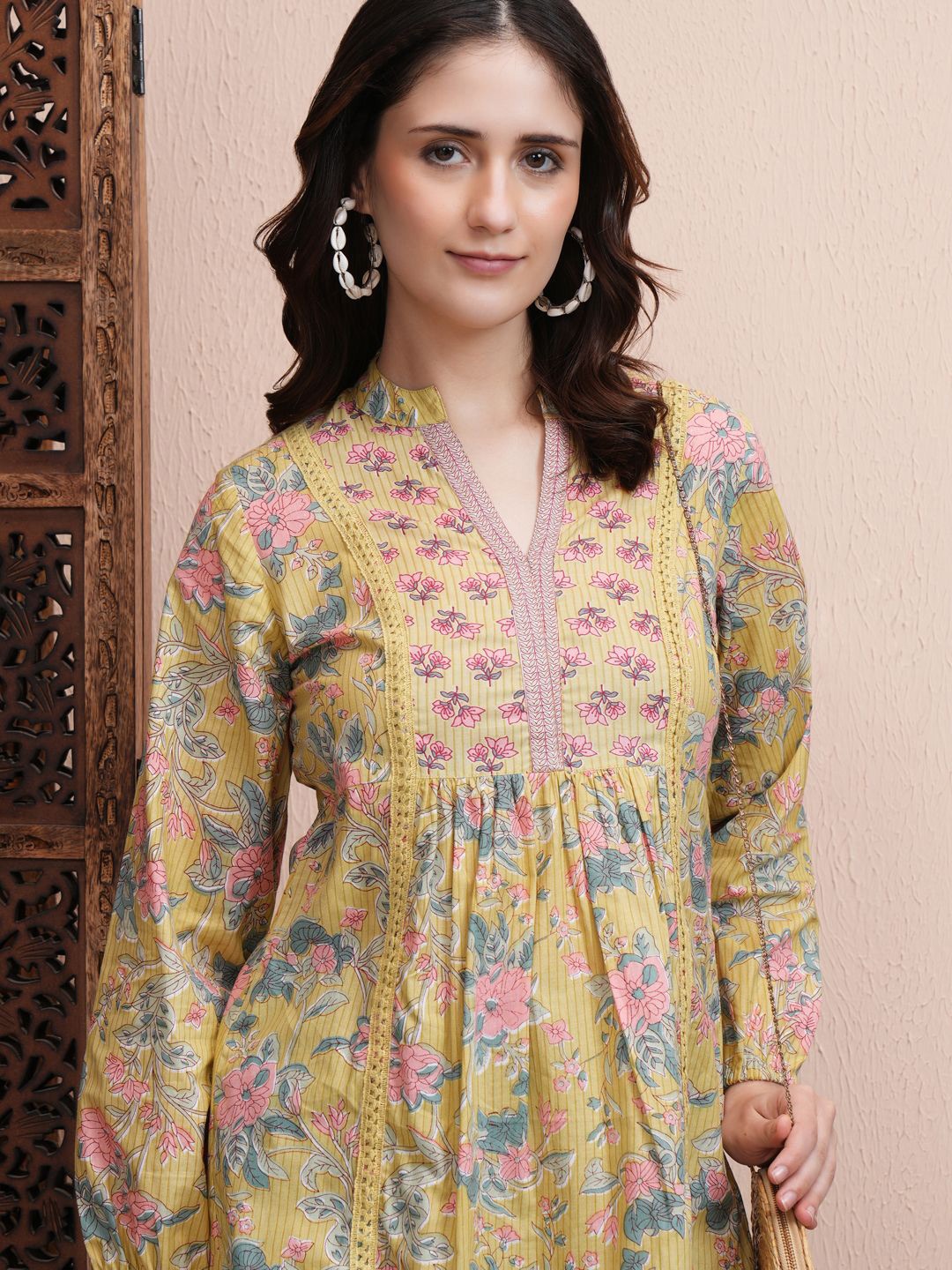 

Vishudh Floral Print Mandarin Collar Cotton Top, Lime green