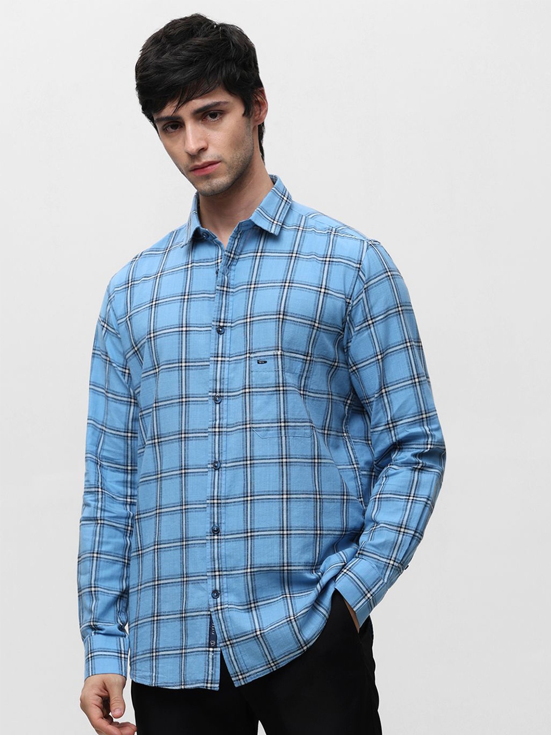 

Klub Fox Men Spread Collar Tartan Checked Cotton Slim Fit Casual Shirt, Blue