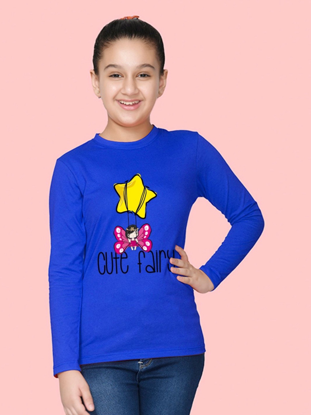 

NUSYL Girls Graphic Printed Round Neck Cotton T-shirt, Blue