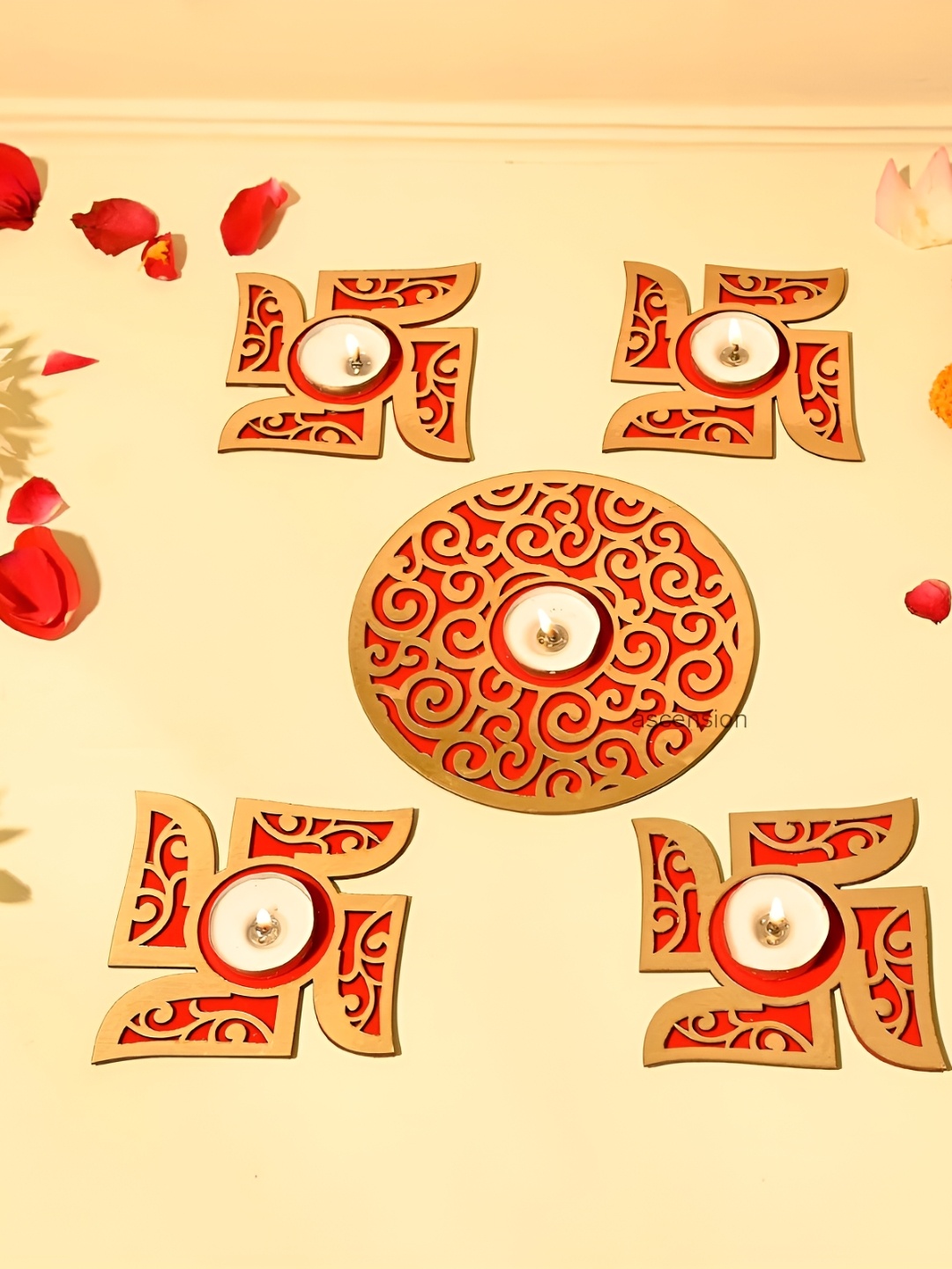 

Ascension Red & Gold Toned 5 Pieces Swastik Textured Wooden Rangoli Set & Candles