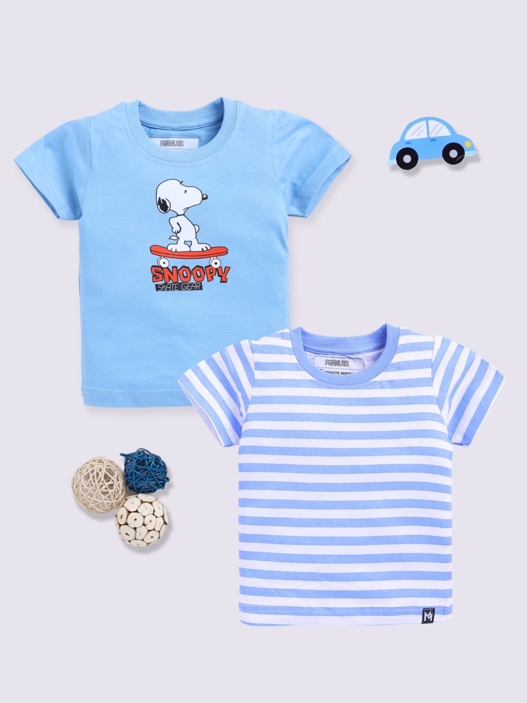 

YK X Minute Mirth Boys Set of 2 Snoopy Printed Pure Cotton T-shirts, Blue