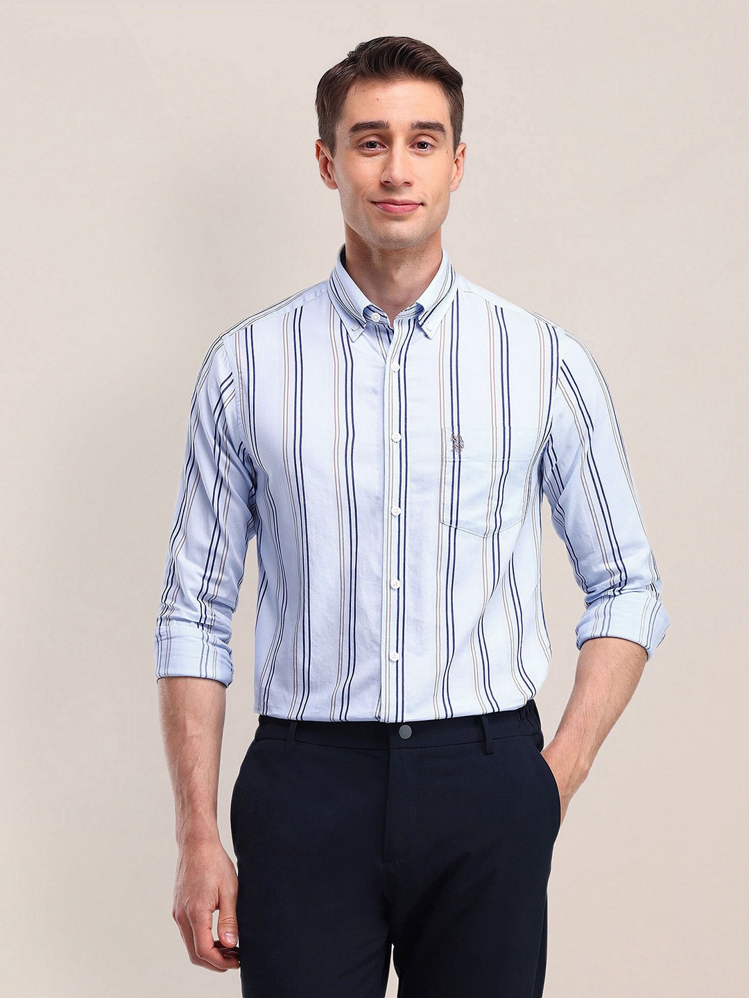 

U.S. Polo Assn. Men Button-Down Collar Vertical Striped Cotton Formal Shirt, Blue