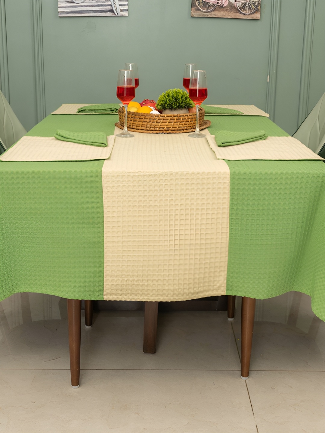 

URBAN SPACE 9Pcs Green & Cream Textured Cotton Linen Sets