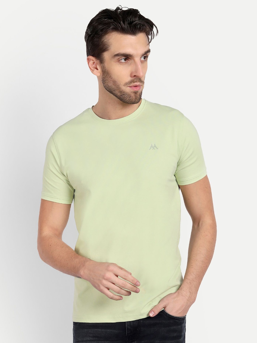 

MEGHZ Men Solid Round Neck Cotton Slim Fit T-shirt, Green