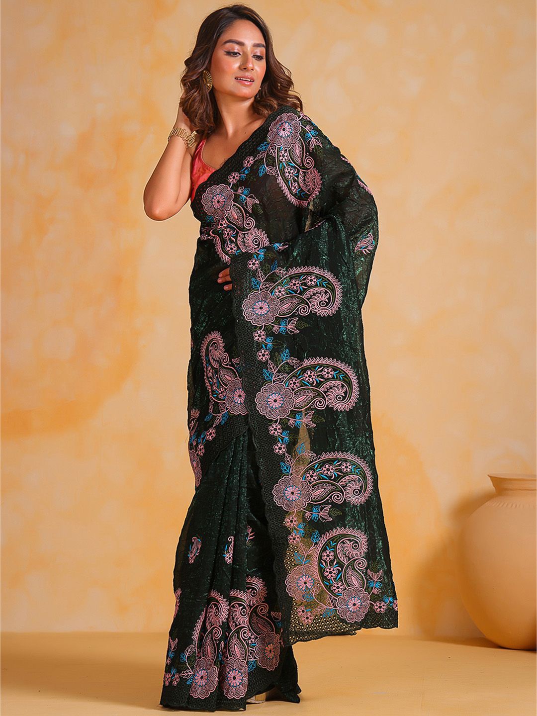 

Ishin Women Ethnic Motifs Embroidered Saree, Green