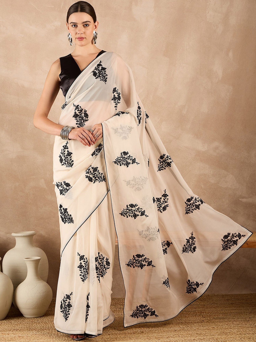 

all about you Floral Embroidered Organza Saree, Off white