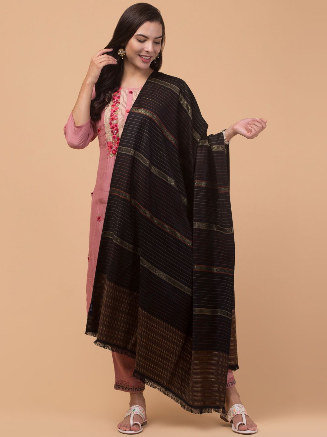 

Tweedle Striped Woven Design Zari Acrylic Shawl, Black