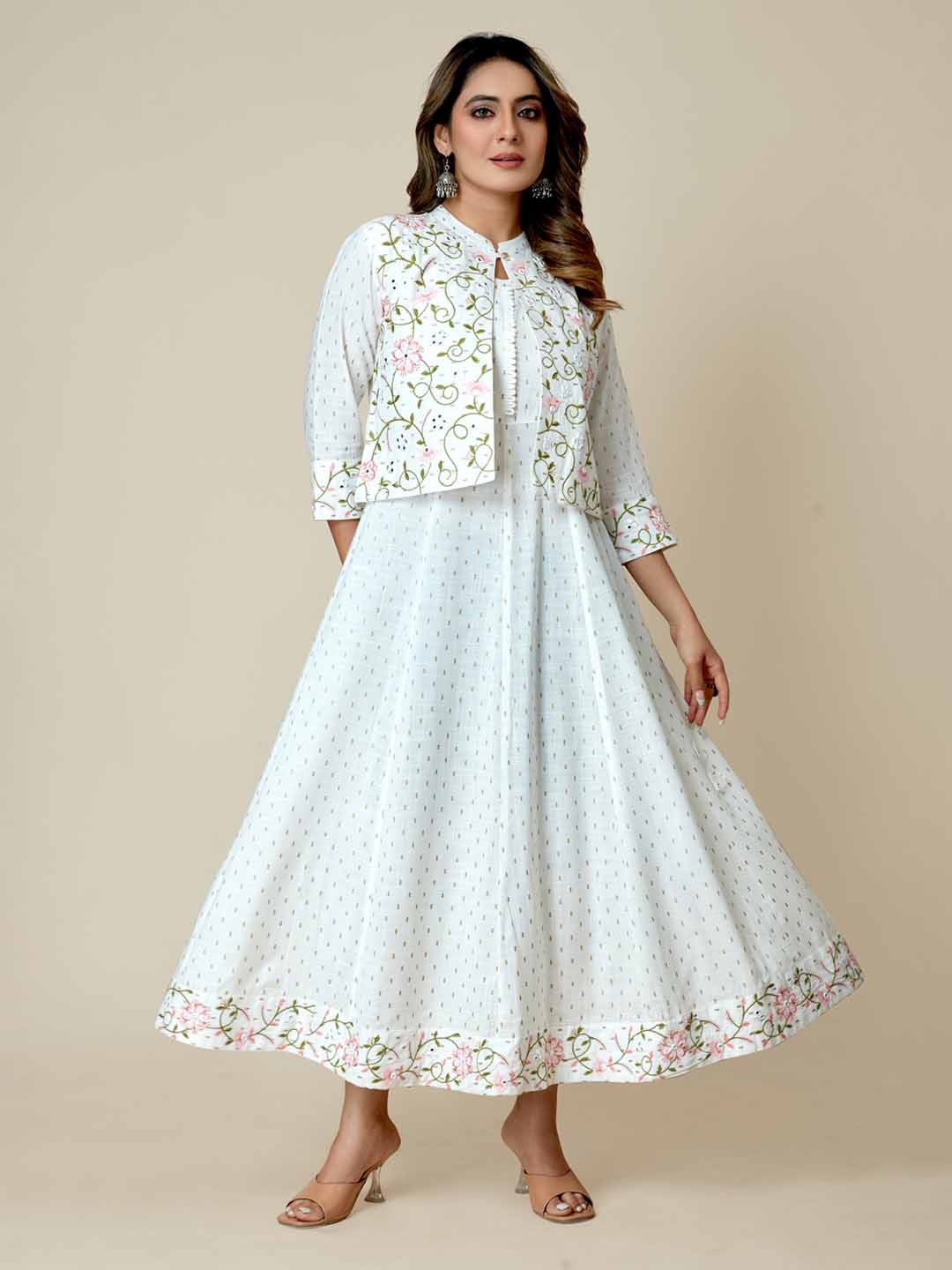 

SARRAS Floral Printed Thread Work Cotton Anarkali Kurta, White