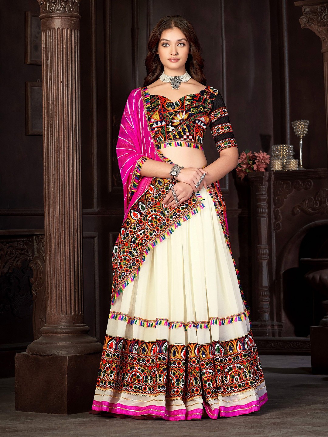 

KALINI Embroidered Thread Work Semi-Stitched Lehenga & Unstitched Blouse With Dupatta, Off white