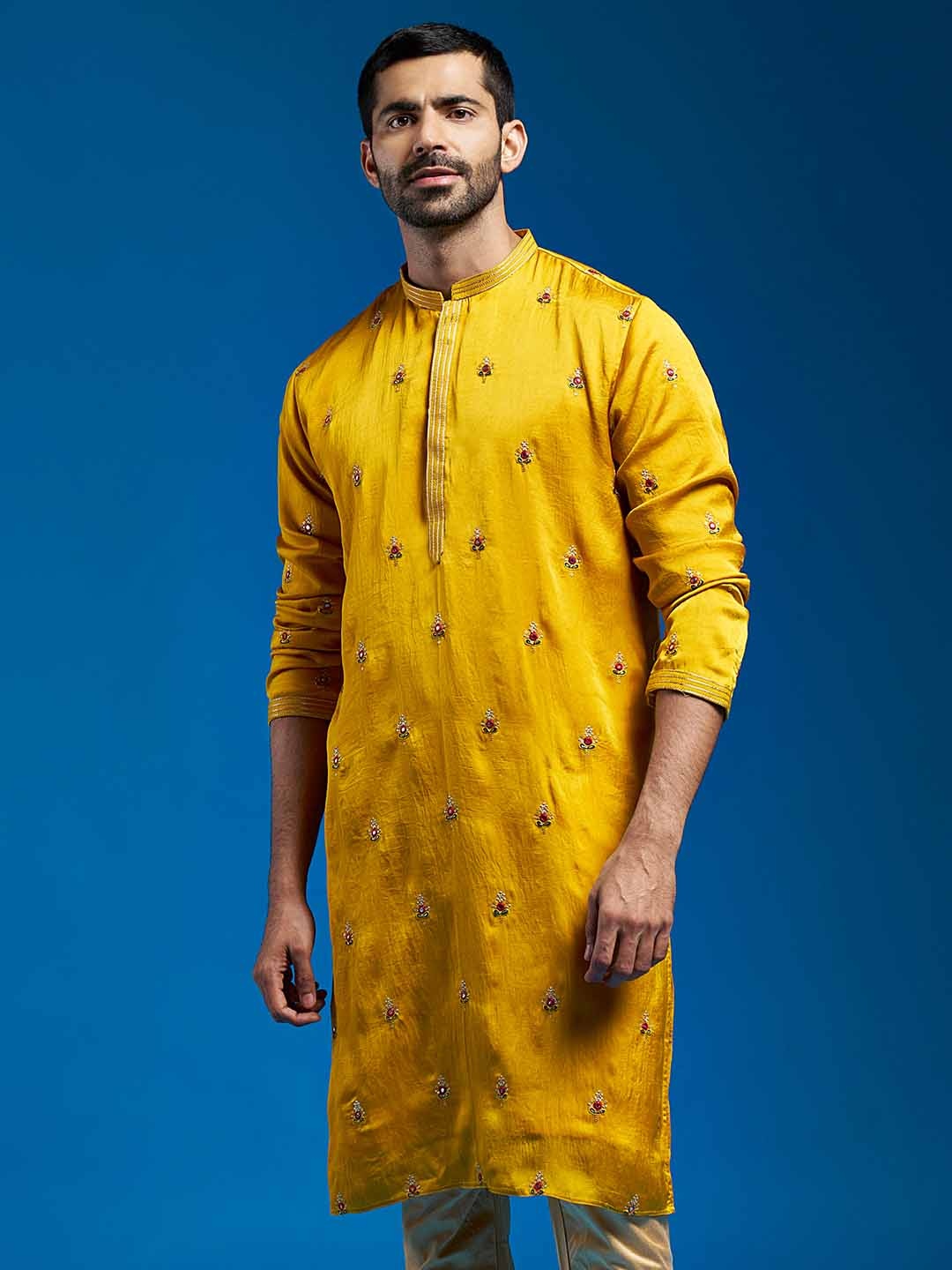 

VASTRAMAY Floral Embroidered Sequinned Mandarin Collar Straight Kurta, Mustard