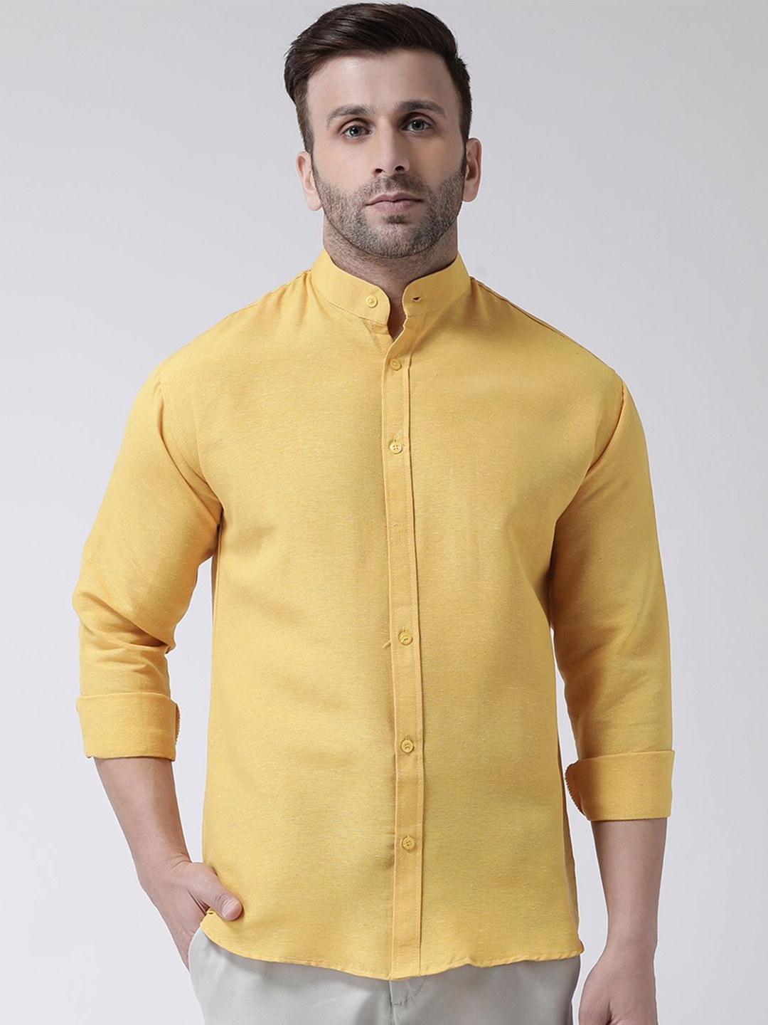 

KLOSET BY RIAG Men Classic Band Collar Solid Cotton Casual Shirt, Mustard