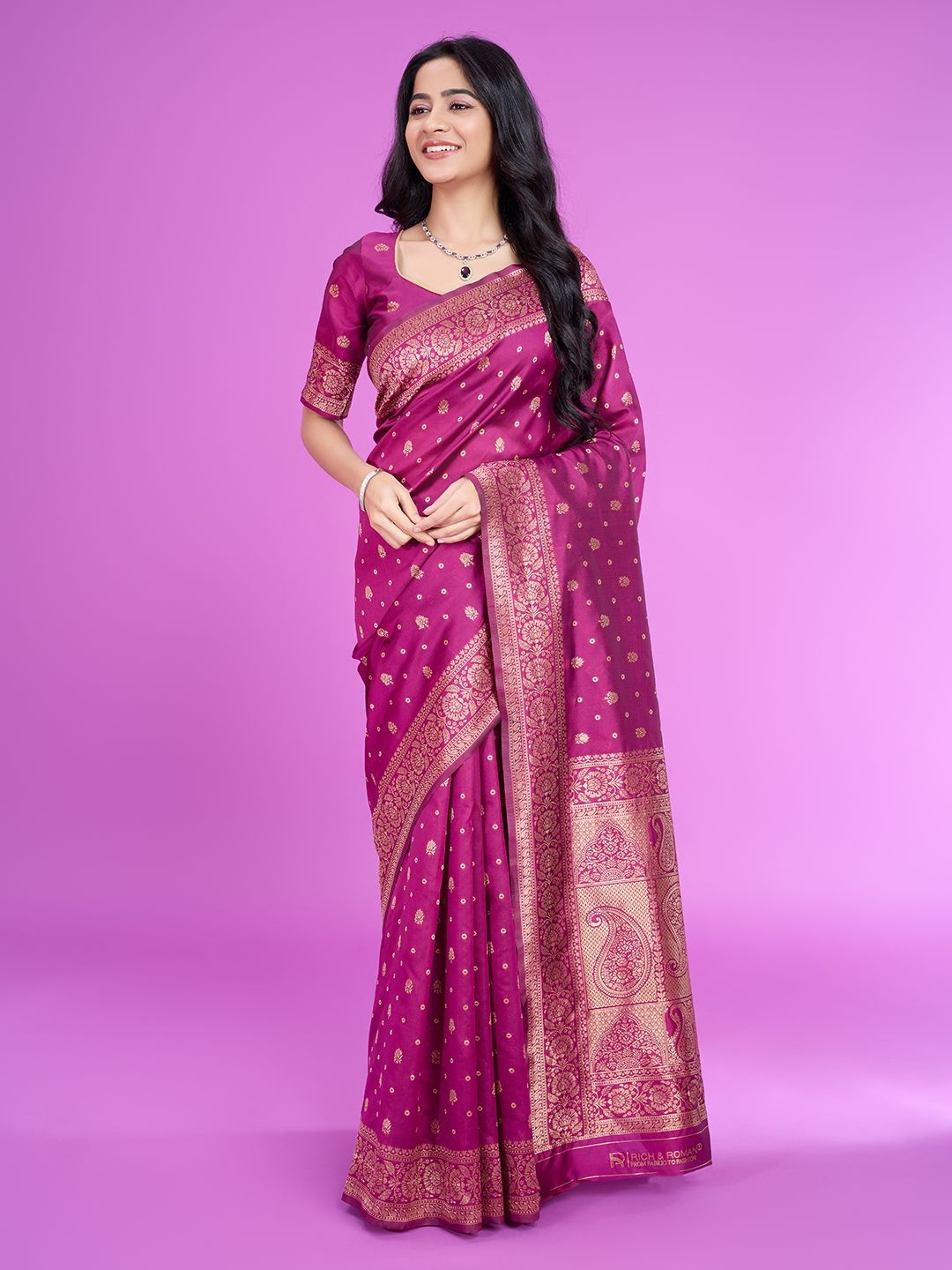

RICH & ROMAN Woven Design Zari Pure Silk Banarasi Saree, Magenta