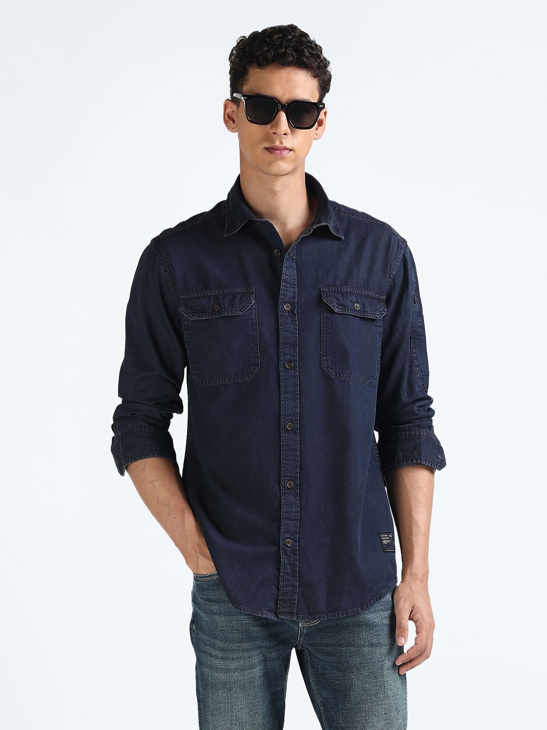 

Flying Machine Men Spread Collar Solid Cotton Casual Shirt, Blue