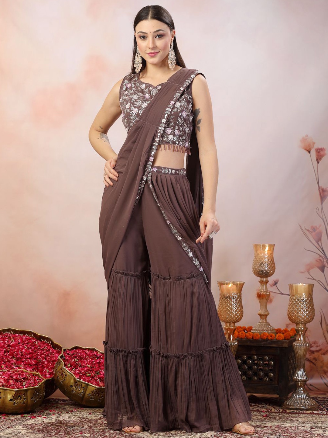 

Stylum Beads and Stones Embellished Solid Ready to Wear Palazzo Saree, Mauve