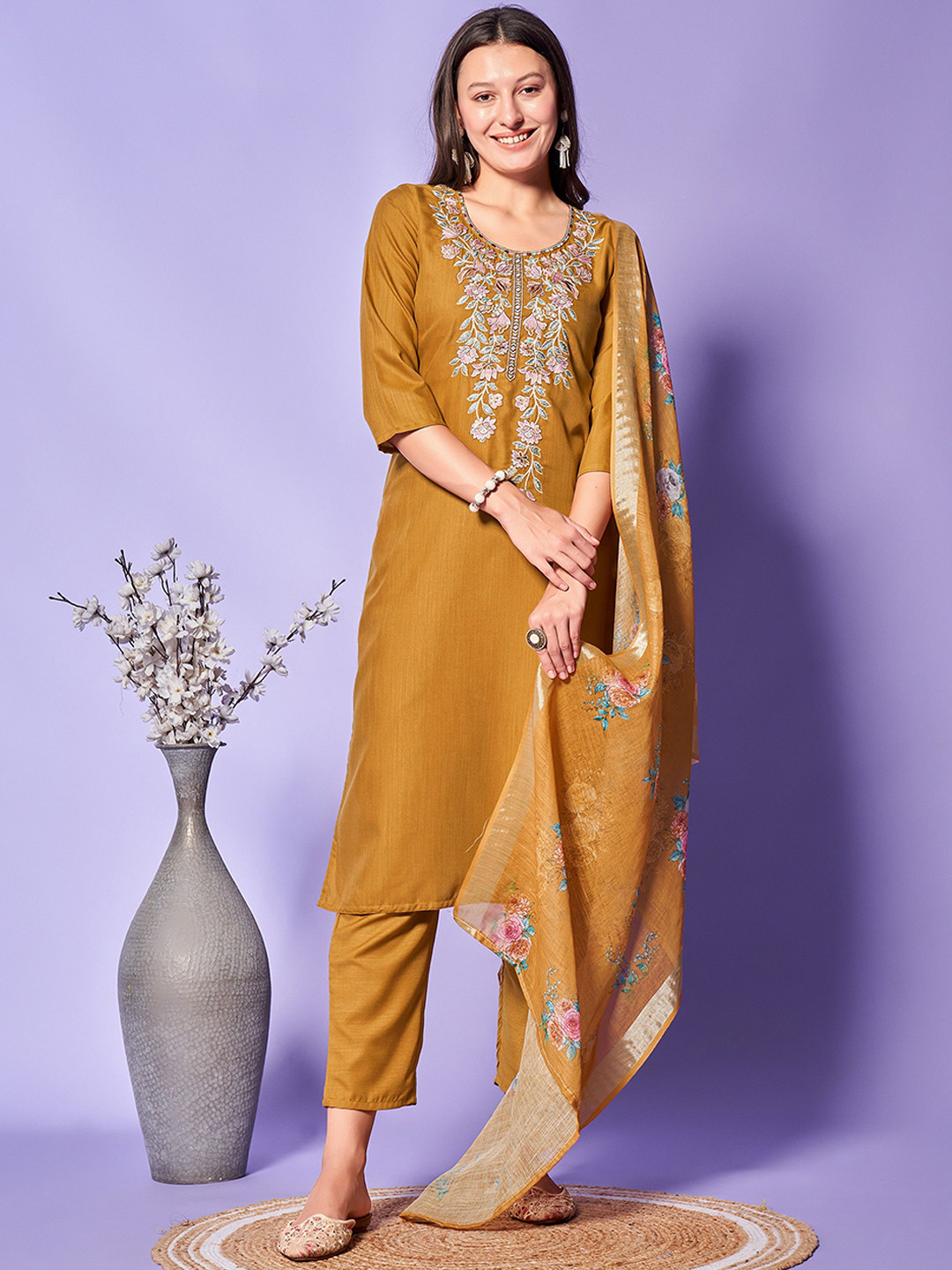 

KALINI Floral Embroidered Thread Work Straight Kurta with Trousers & Dupatta, Mustard