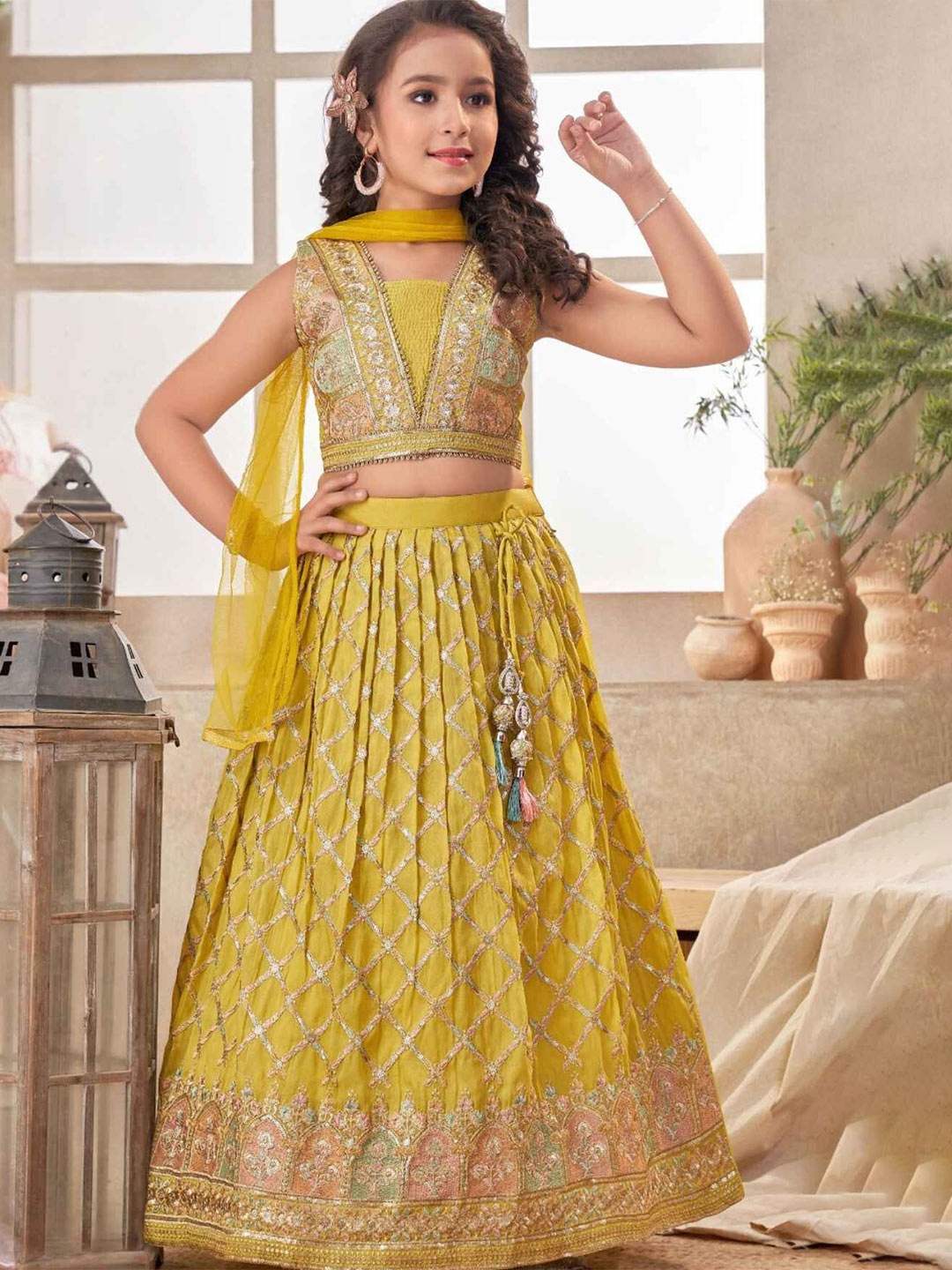 

Lagorii Girls Embroidered Sequinned Square Neck Net Ready to Wear Lehenga & Blouse, Mustard