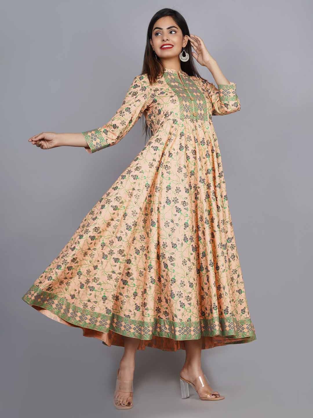 

Sa Rasa Floral Printed Woven Design Mandarin Collar Anarkali Kurta, Peach