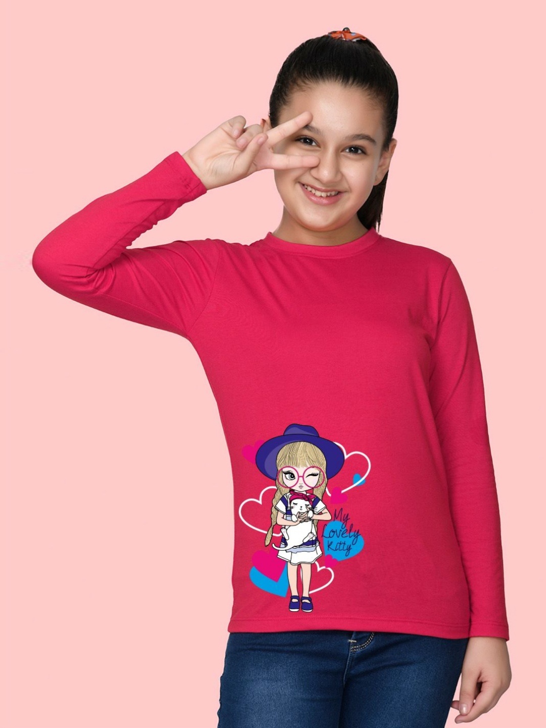

NUSYL Girls Graphic Printed Round Neck Cotton T-shirt, Pink