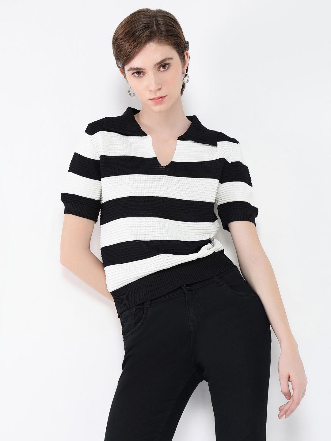 

SHOWOFF Women Horizontal Striped Shirt Collar Acrylic Top, Black