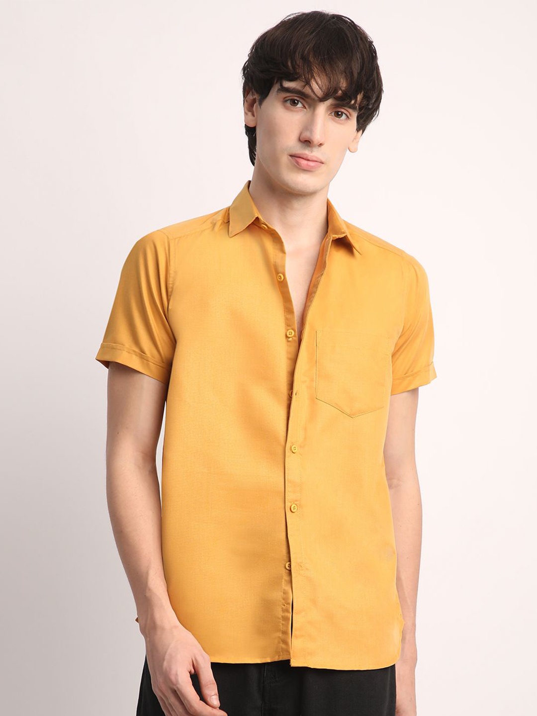 

Voroxy Men New Spread Collar Solid Cotton Casual Shirt, Mustard