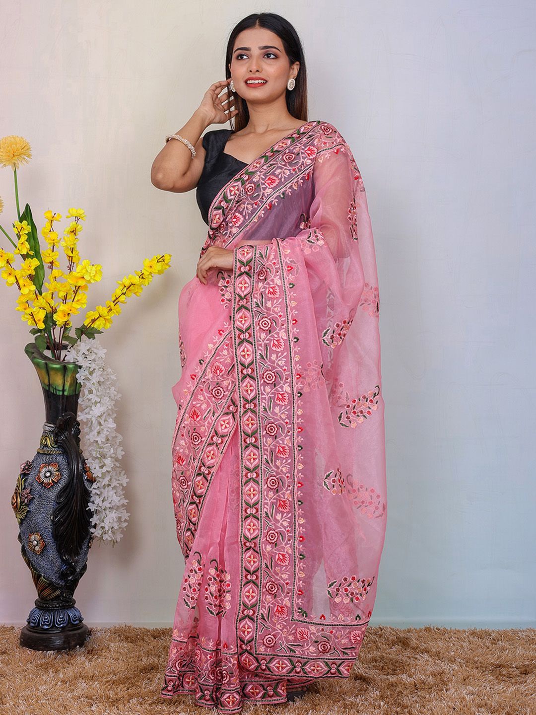 

Ishin Floral Embroidered Organza Saree, Pink