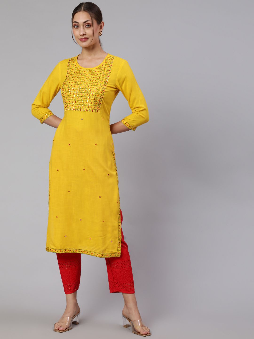 

STYLE ANGEL Embroidered Thread Work Round Neck Straight Kurta, Mustard