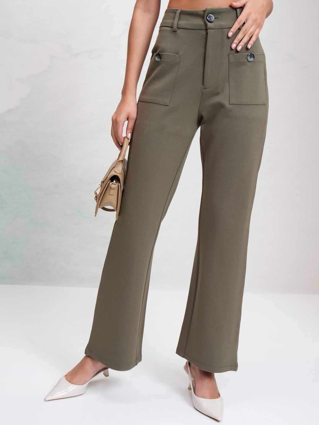 

Street By Tokyo Talkies Women Solid Flared Trousers, Olive