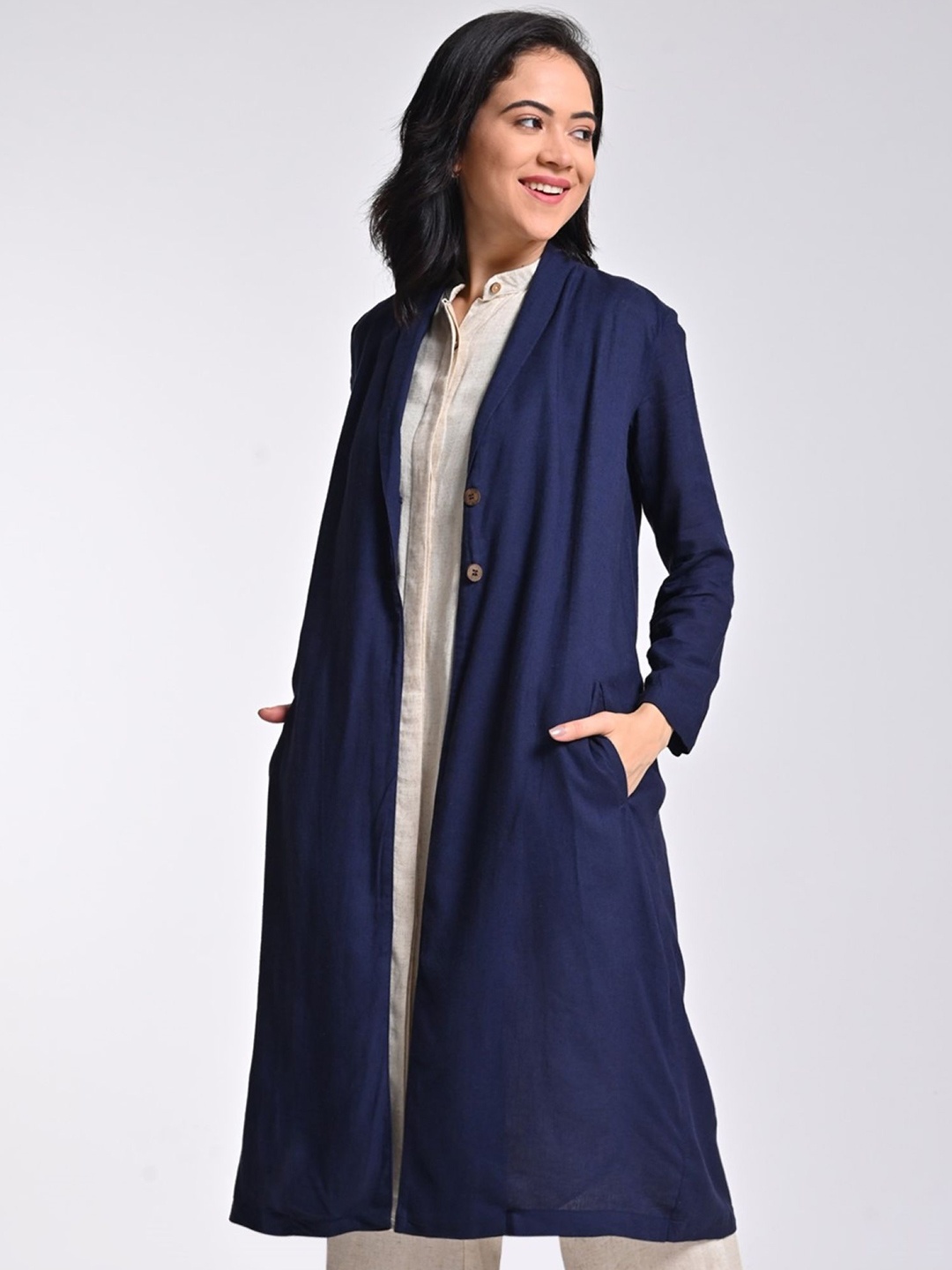 

Saltpetre Shawl Collar Linen Longline Shrug, Navy blue