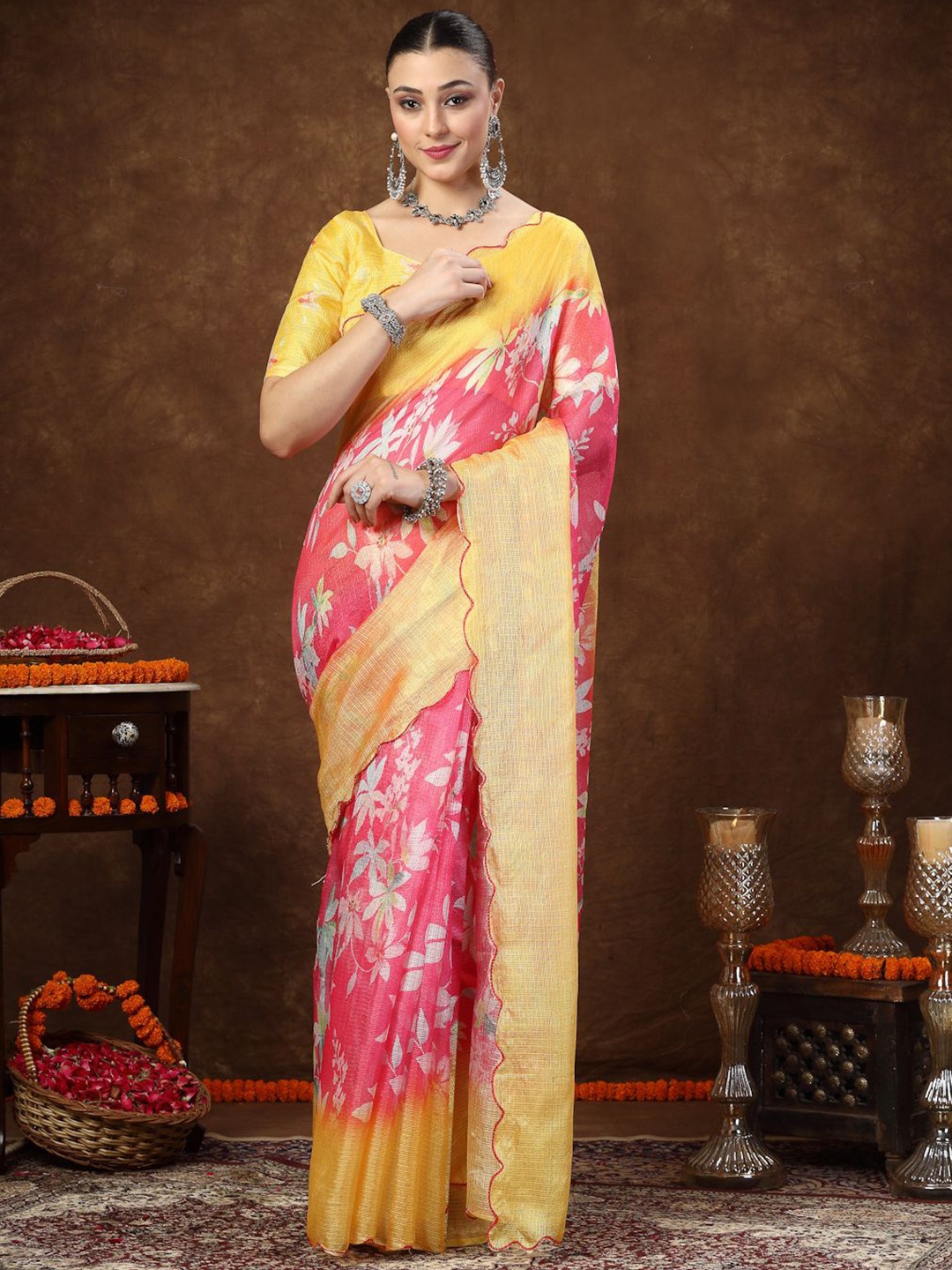 

Stylum Floral Zari Supernet Saree, Pink