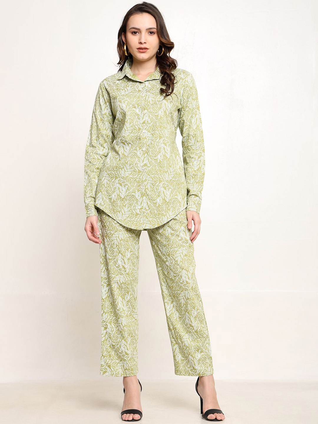 

CORDSET Printed Pure Cotton Shirt With Trousers Co-Ords, Green