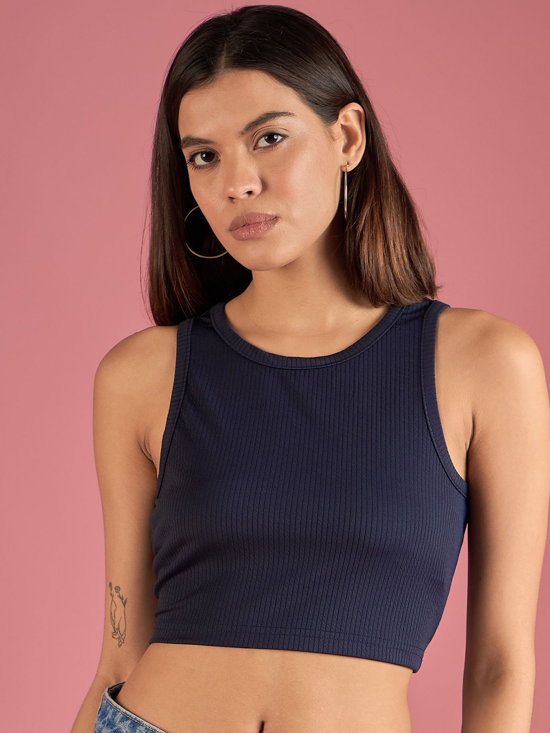 

DressBerry Women Solid Round Neck Top, Navy blue