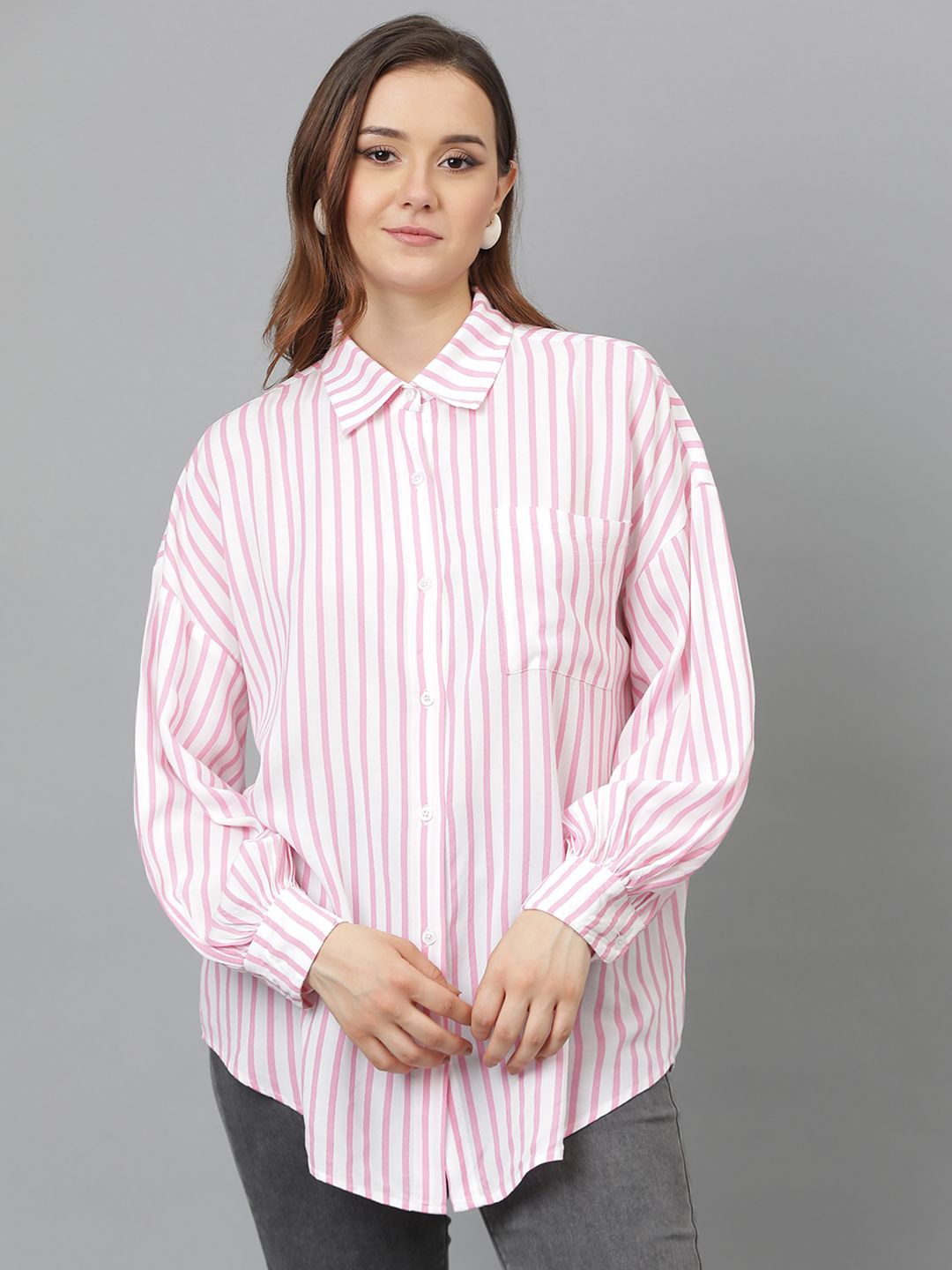 

Kotty Women Comfort Spread Collar Vertical Striped Cotton Oversized Casual Shirt, Peach