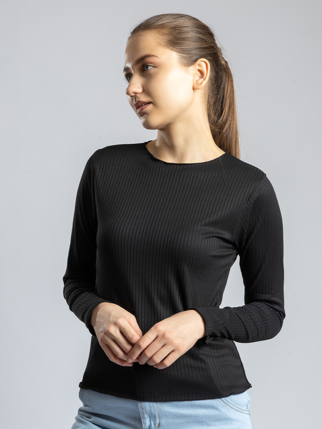 

Redamancii Women Solid Round Neck Polycotton Top, Black