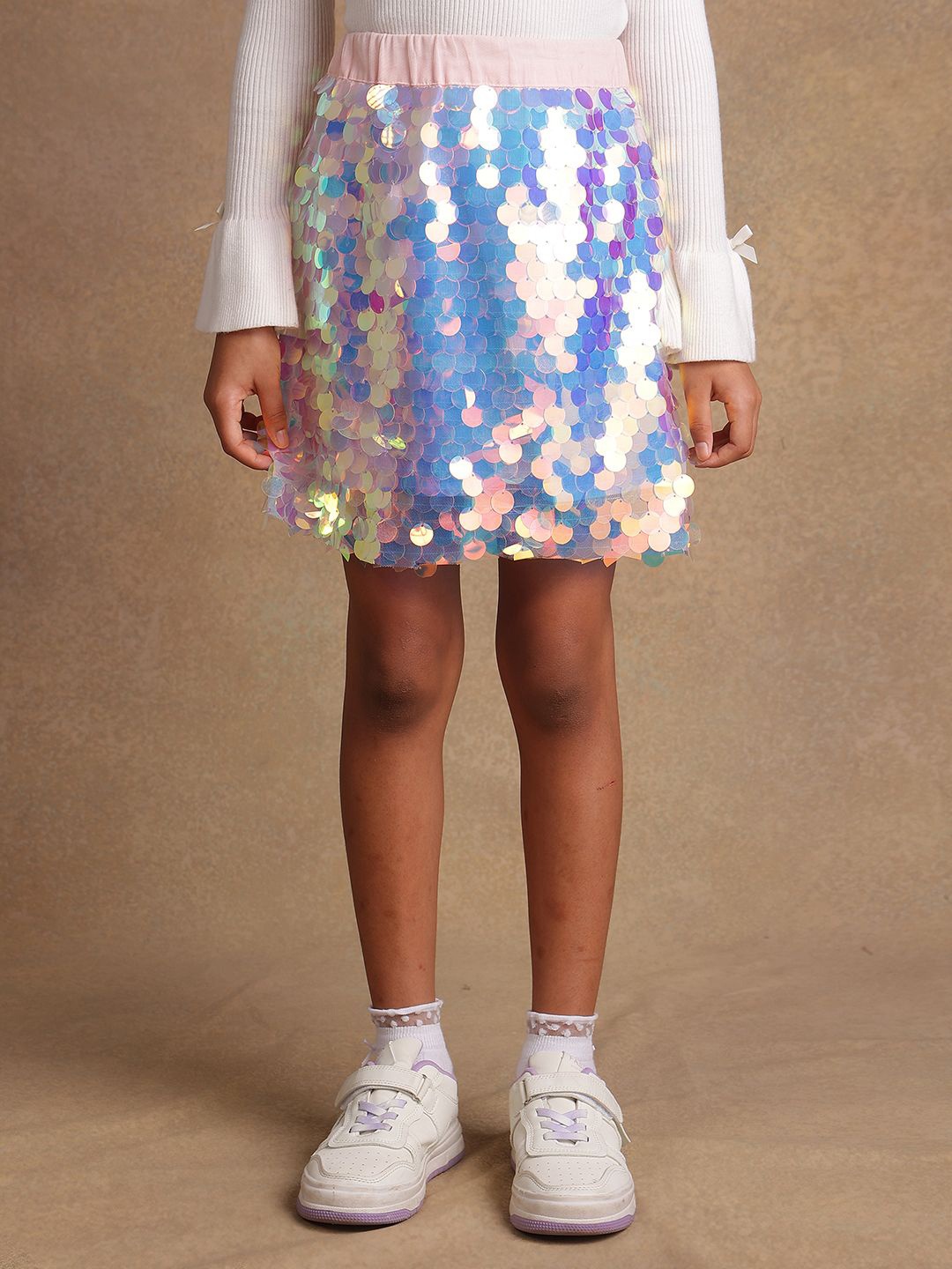 

One Friday Girls Embellished Sequins Knee Length A-Line Skirt, Pink