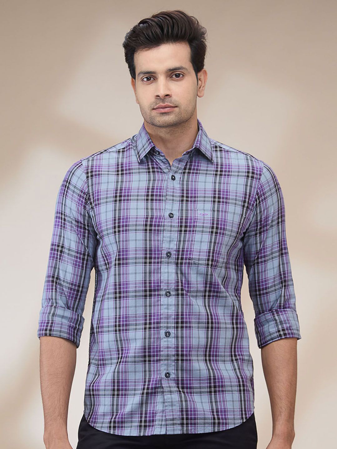 

ColorPlus Men Spread Collar Tartan Checked Cotton Casual Shirt, Grey