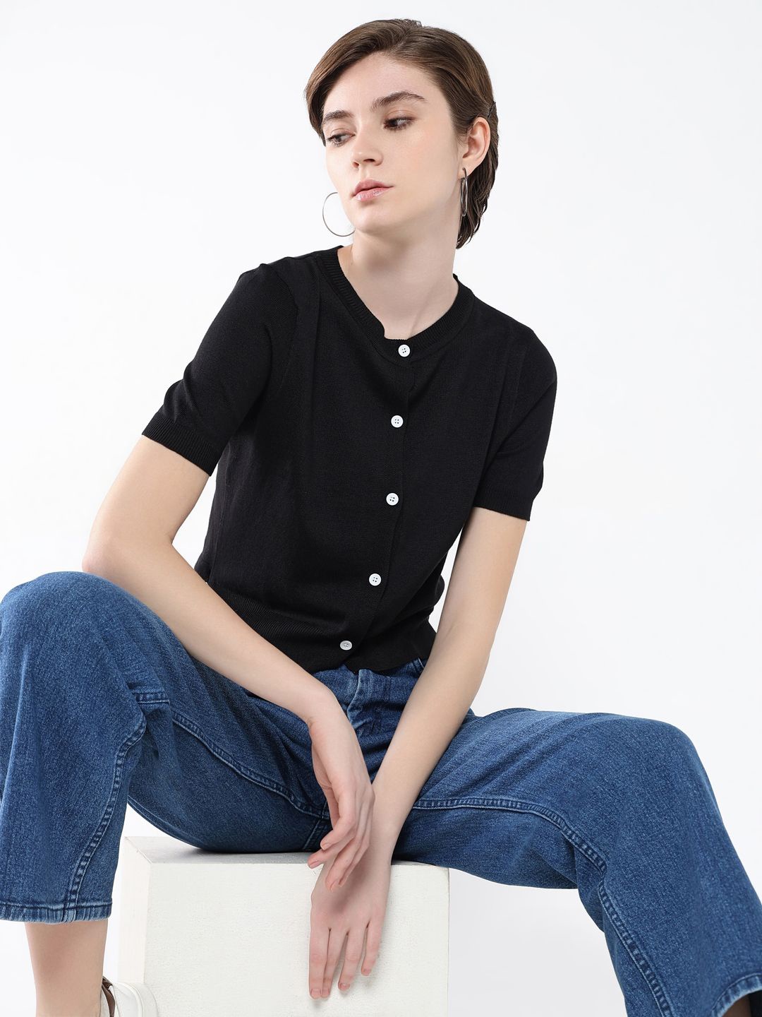 

SHOWOFF Women Solid Round Neck Acrylic Top, Black