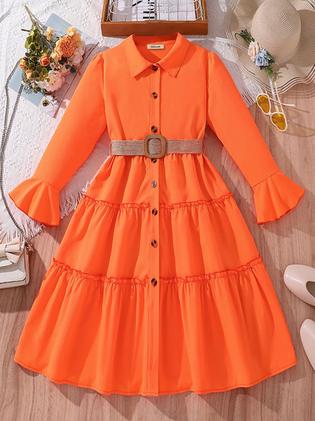 

INCLUD Girls Solid Fit And Flare Bell Sleeve Empire Dress With Belt, Orange