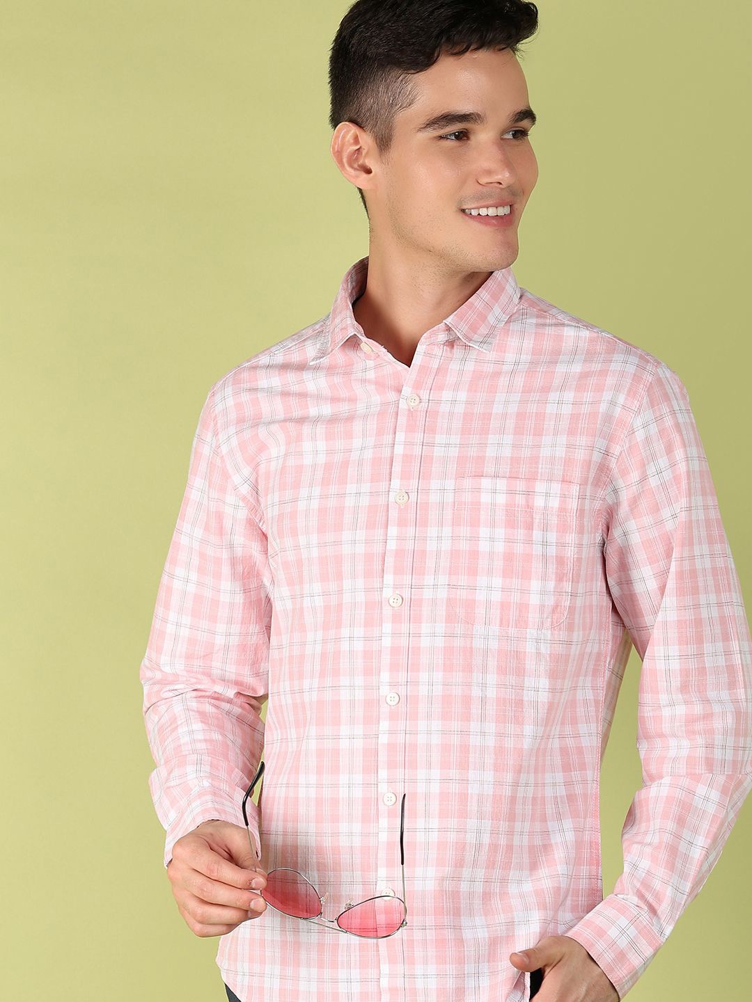 

V-Mart Men Classic Spread Collar Tartan Checks Printed Cotton Casual Shirt, Pink