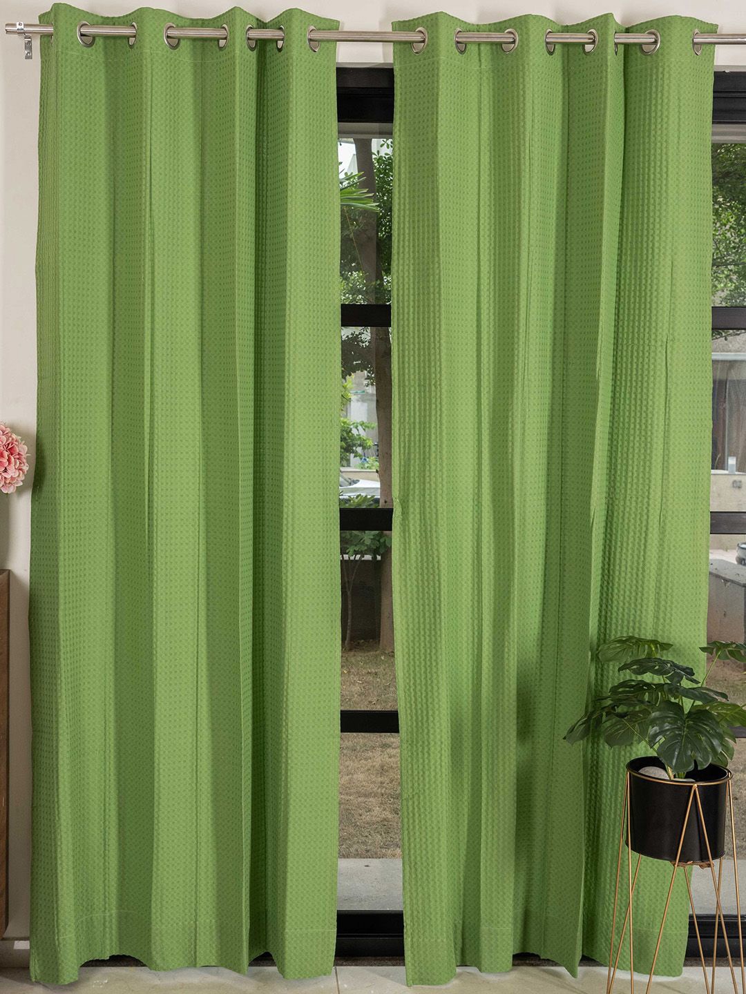 

URBAN SPACE Green 2 Pieces Self Design Cotton Long Door Curtains