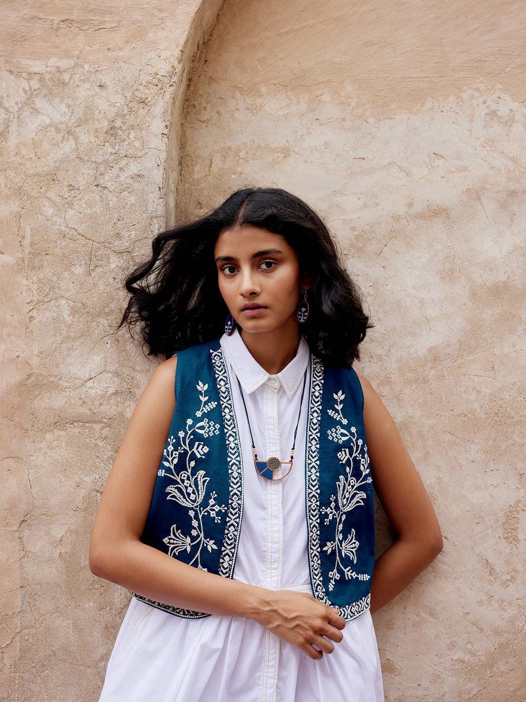 

Global Desi Women Floral Cotton Crop Open Front Jacket Embroidered, Navy blue