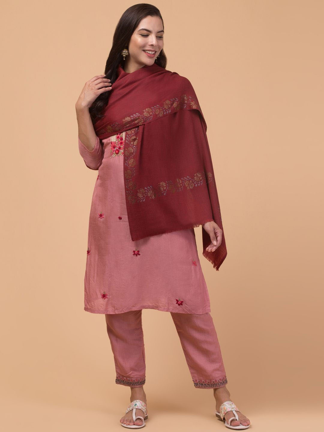 

Tweedle Aari Embroidered Border Woollen Shawl, Maroon