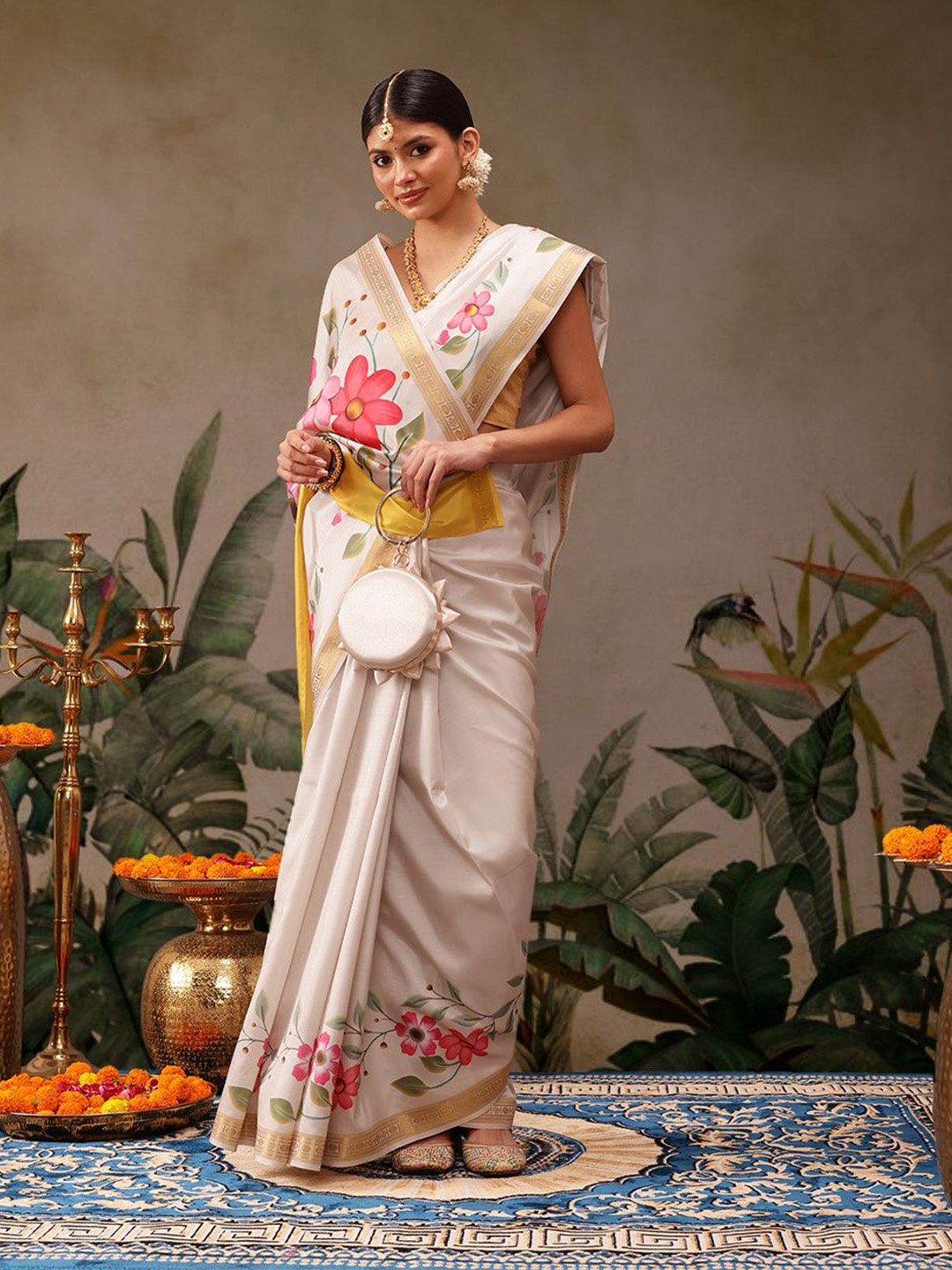 

Silk Land Onam Special Floral Printed Kasavu Silk Saree, Off white