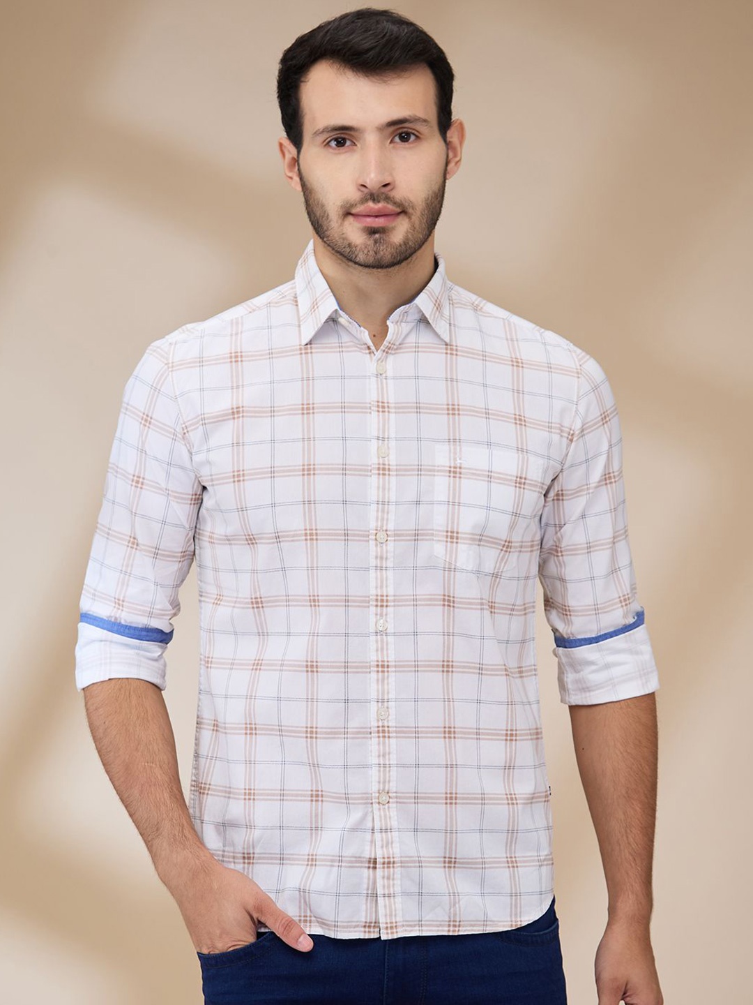 

Parx Men Spread Collar Tartan Checked Cotton Slim Fit Casual Shirt, Brown