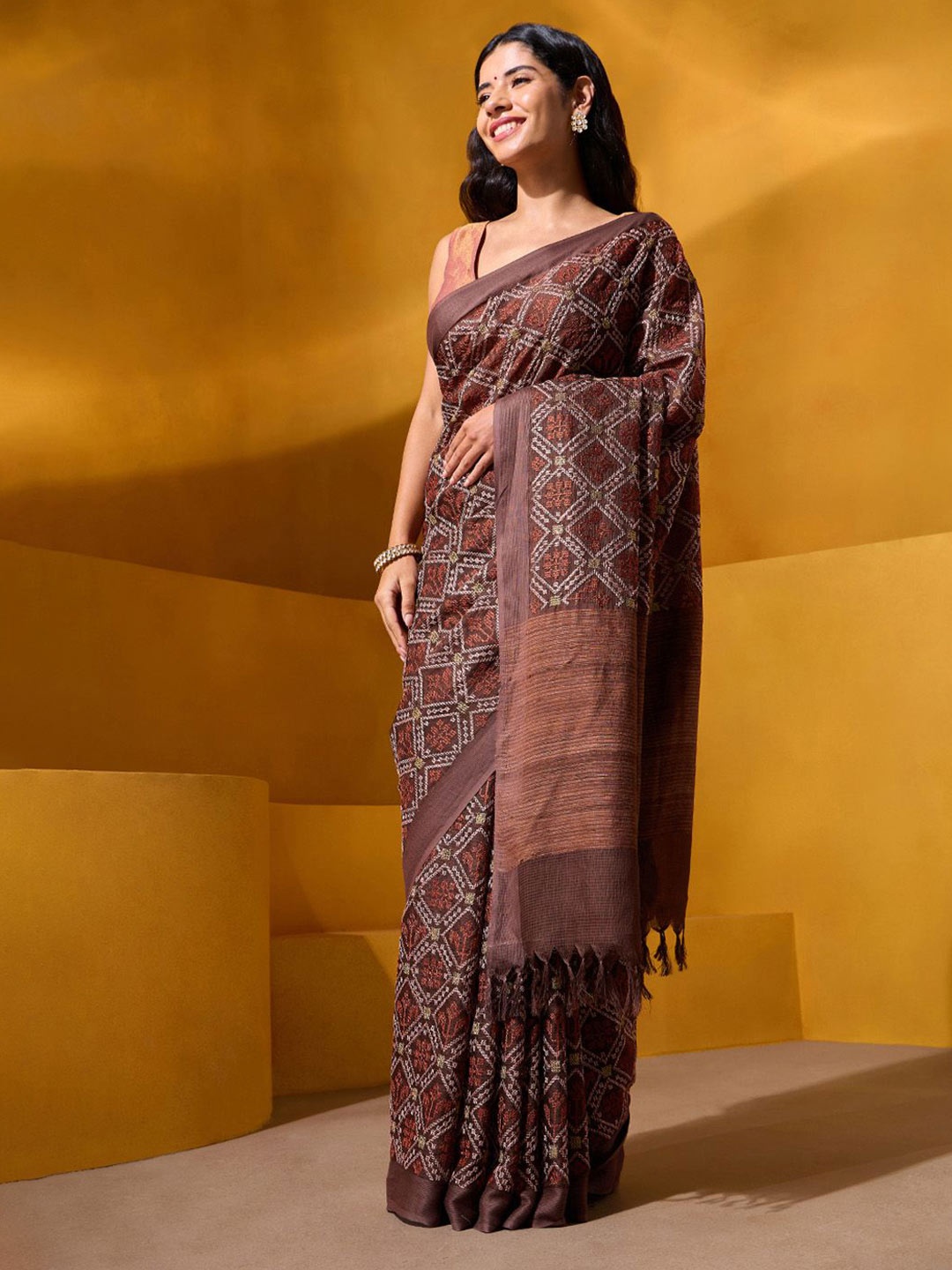 

Taneira Geometric Embroidered Saree With Blouse Piece, Brown