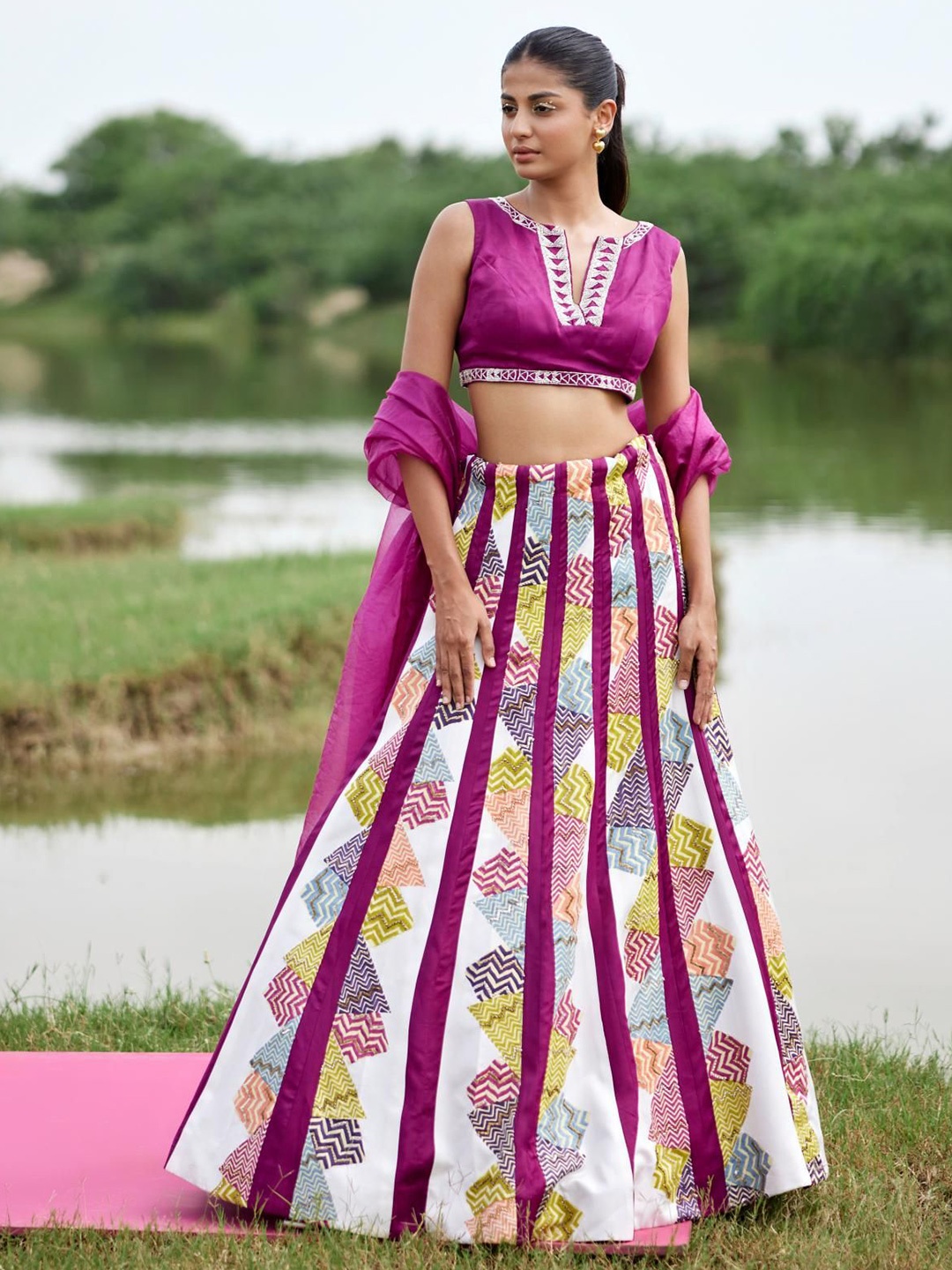 

AMROOD Embroidered Sequinned Block Print Ready to Wear Lehenga & Blouse With Dupatta, Magenta