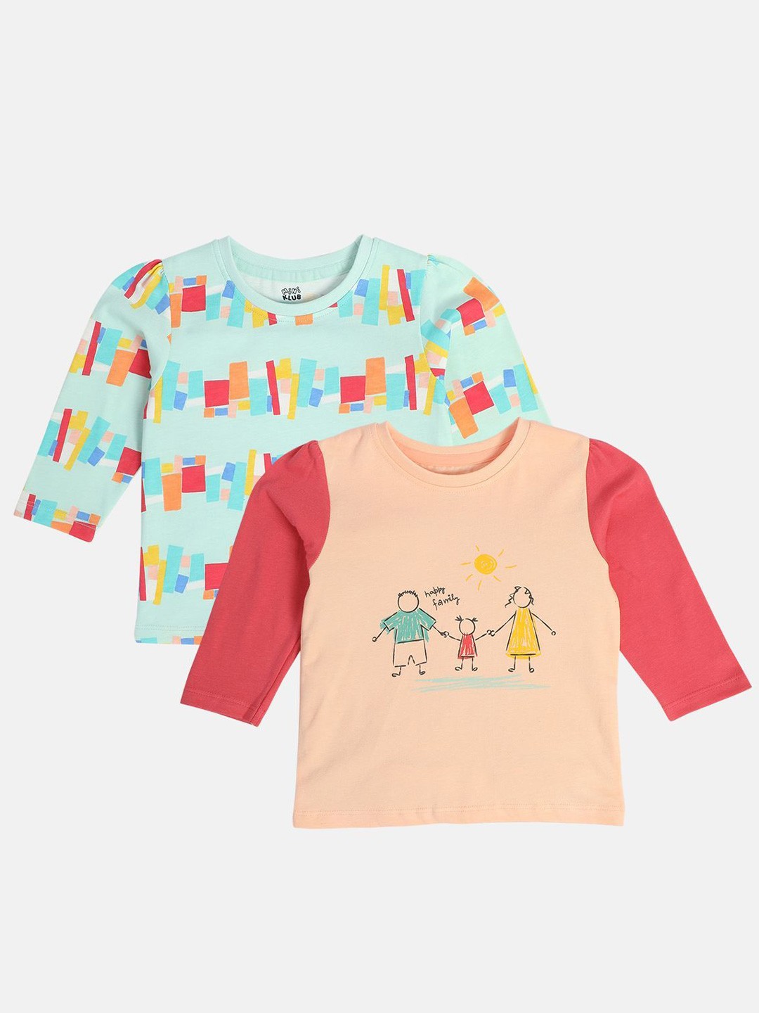 

MINI KLUB Girls Pack Of 2 Conversational Printed Round Neck Cotton Tops, Beige
